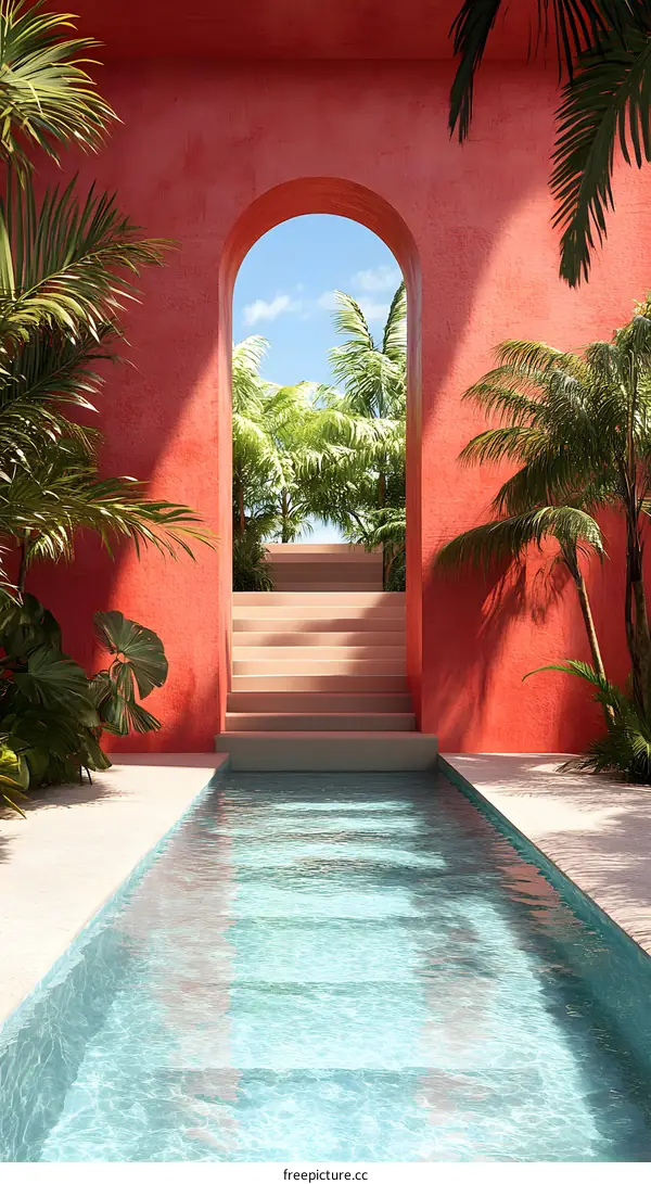 Modern Minimalist Tropical Pool Design with Archway and Palm Trees