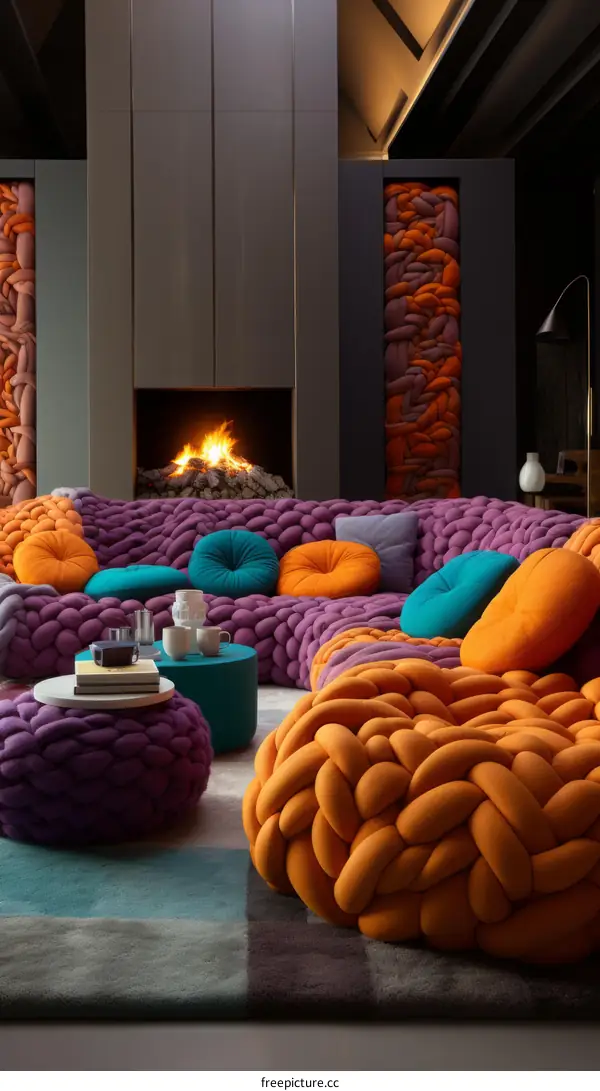 A Modern Living Room With A Fireplace And A Colorful Modular Sofa