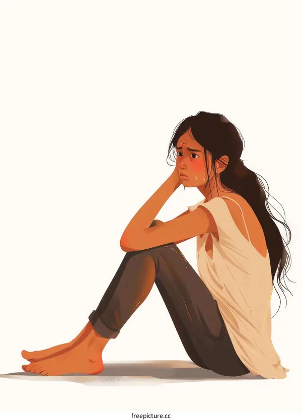Illustration of a sad girl sitting on the ground