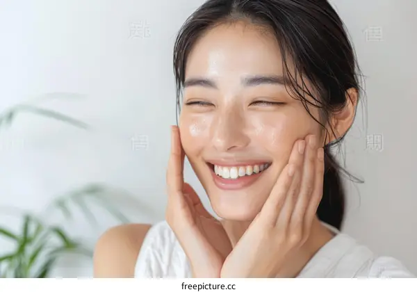 Asian woman with wet hair smiling and touching her face