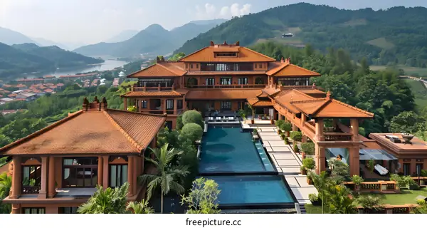 An aerial view of a large house with a pool and a view of a river and mountains