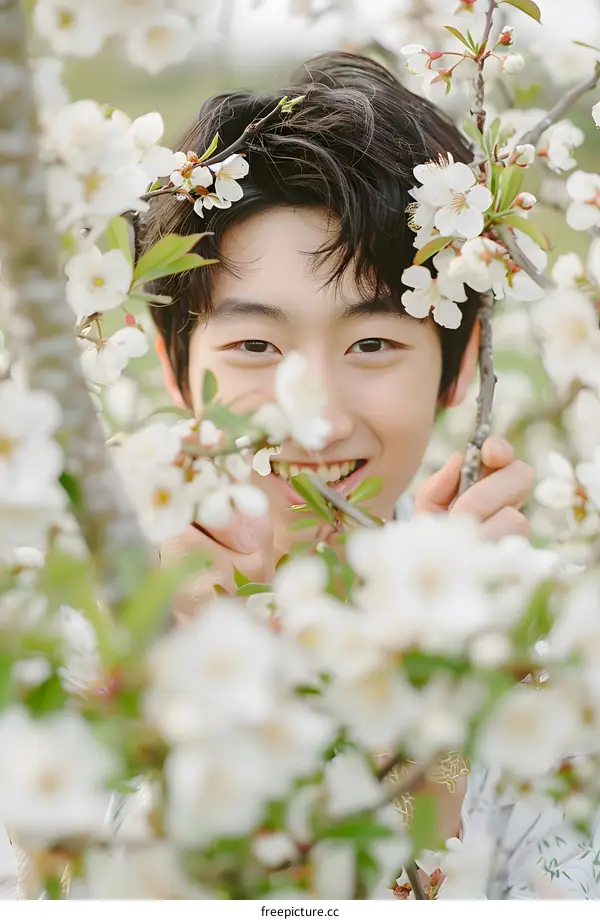 Smiling Young Man Posing Behind Flowers