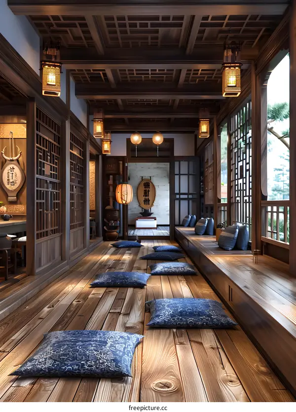 Traditional Chinese Interior Design with Wooden Floor and Cushions