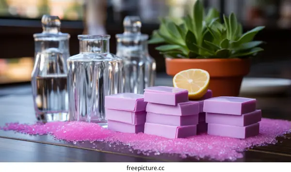 Handmade Purple Soap Bars and Lemon on Table