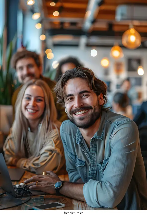 A group of people discussing a project in an office