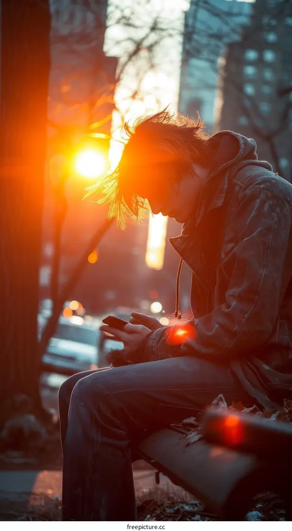 Guy sitting on a bench in front of the setting sun