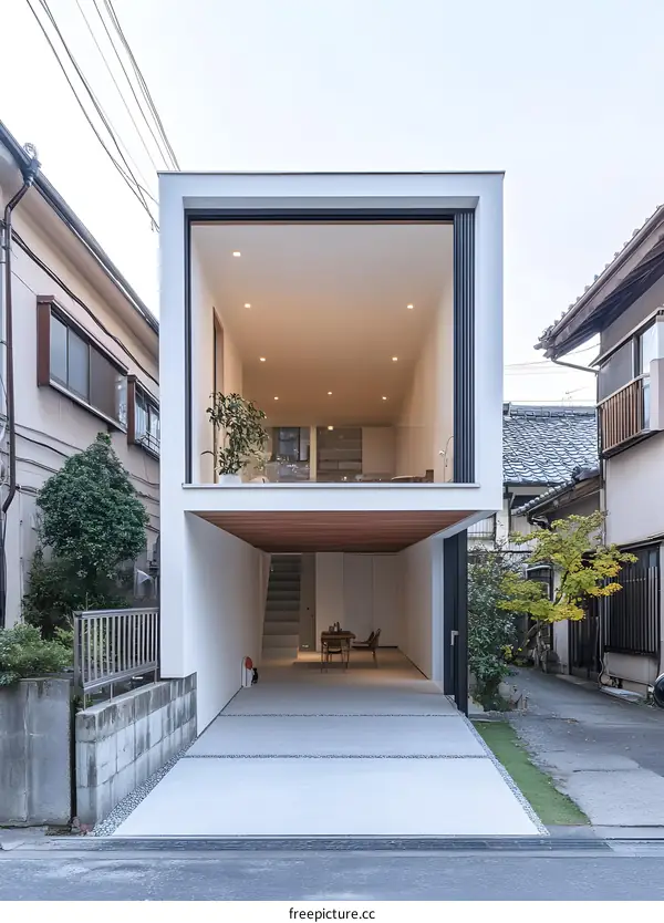 Modern Minimalist House Design with White Walls and Large Windows