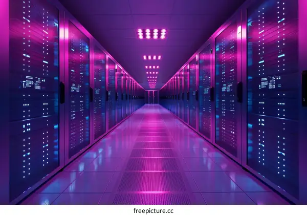 Server room with purple neon lights