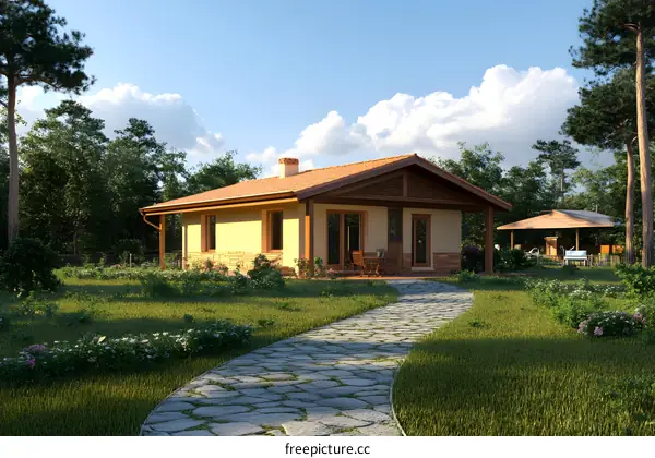 Modern Yellow House With Stone Path