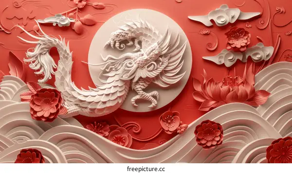 Chinese Dragon 3D Render with Flowers and Waves