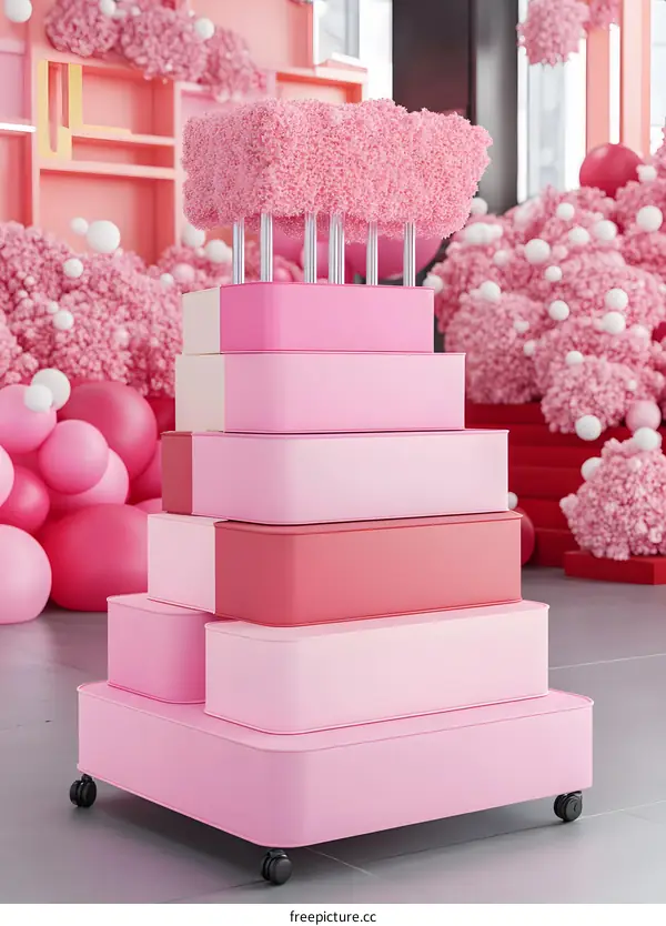 Pink and White Stacked Boxes on Wheels