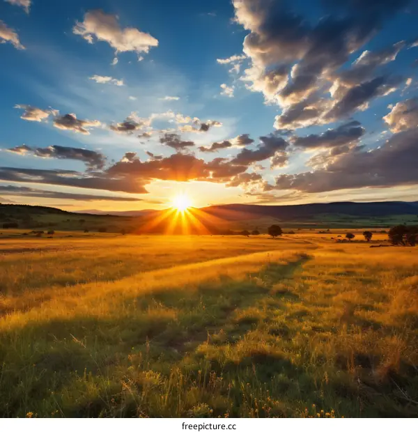 The setting sun casts long shadows across the golden field