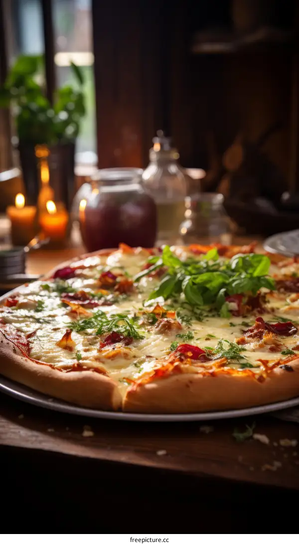 A delicious pizza sits on a table ready to be eaten