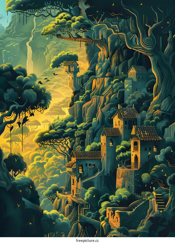 Fantasy Forest Village on Cliffs