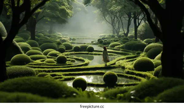 Woman Exploring an Enchanting Surreal Topiary Garden