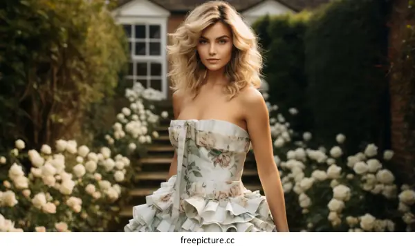 Elegant woman with blonde hair wearing a floral dress standing in a garden