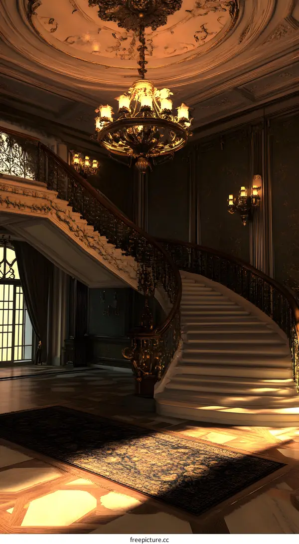 Golden Staircase Interior Design With Chandelier And Ornate Details