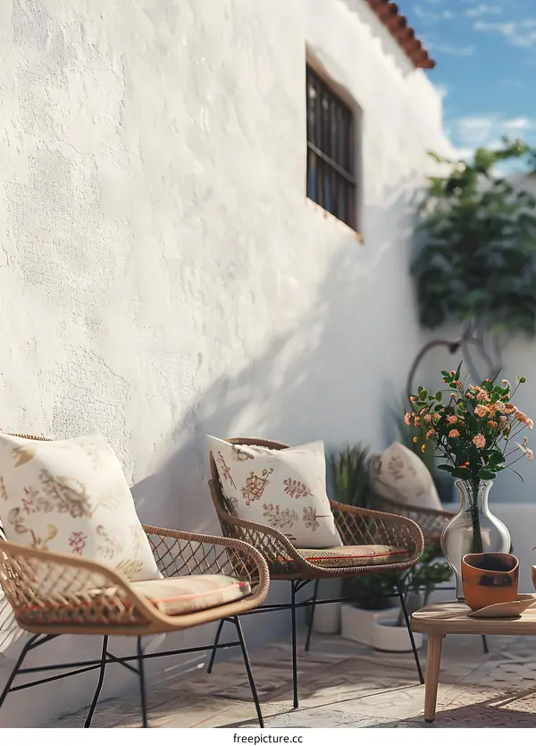 Two Wicker Chairs with Pillows in a Patio Setting