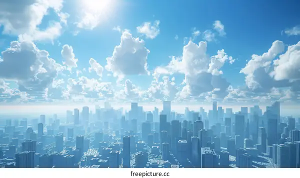 Cityscape Under a Sunny Sky with Fluffy Clouds