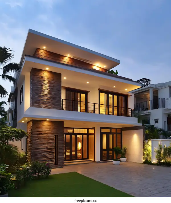 Modern Two Story House With Stone Wall and Landscape Design