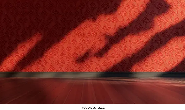 Empty Red Room Interior with Patterned Wallpaper