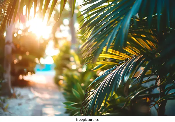Palm Leaves in the Sunlight at Sunset