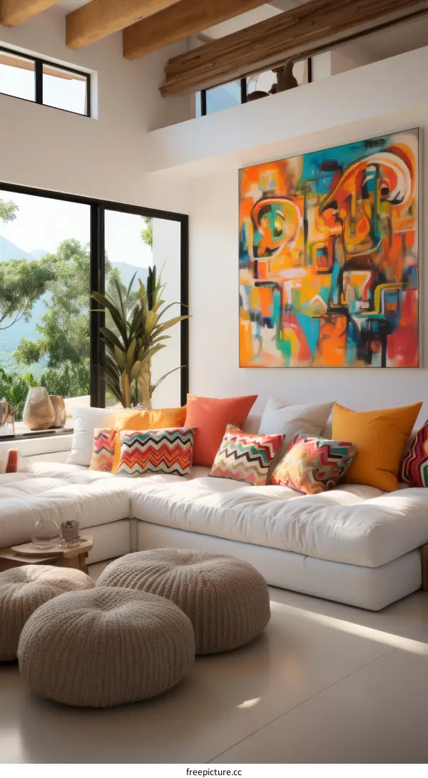 Modern living room interior with large windows and colorful painting