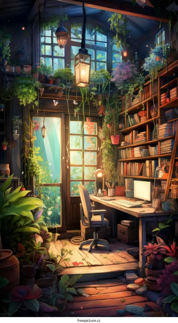 Cozy home office with lots of plants and a big bookshelf