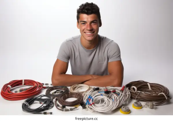 Young male technician with various types of electrical cables