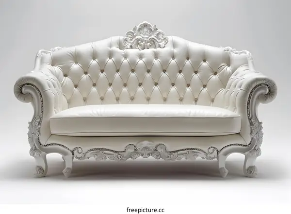 White leather sofa with carved wood frame