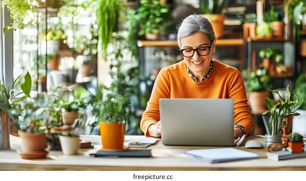Smiling Woman Using Laptop in a Greenhouse