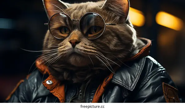 A cool cat wearing glasses and a leather jacket