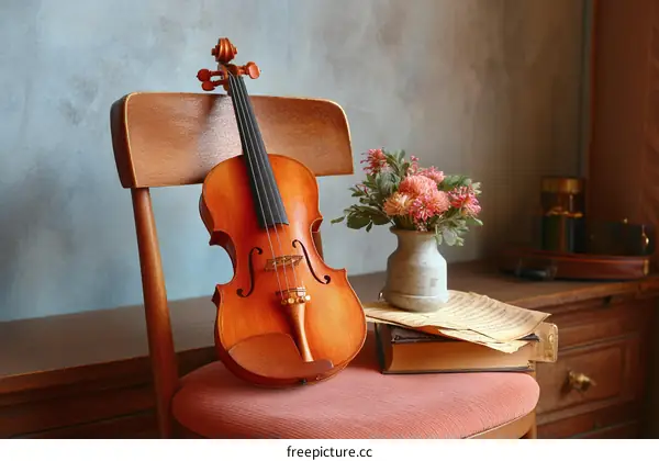 Violin resting on chair with flowers and music sheets