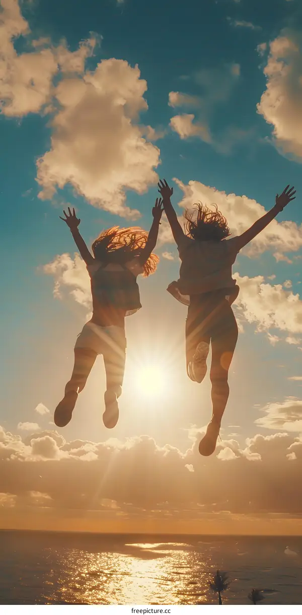 Two girls jumping in the air with joy