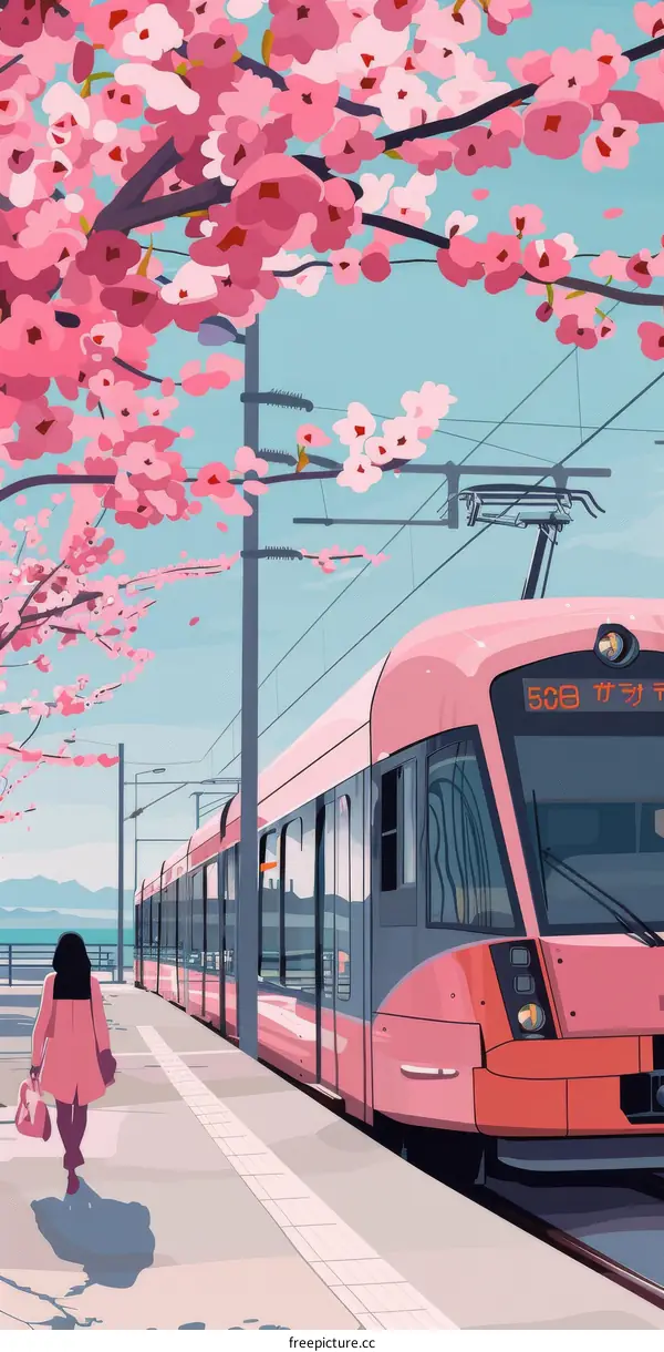 A pink tram passing through a cherry blossom forest