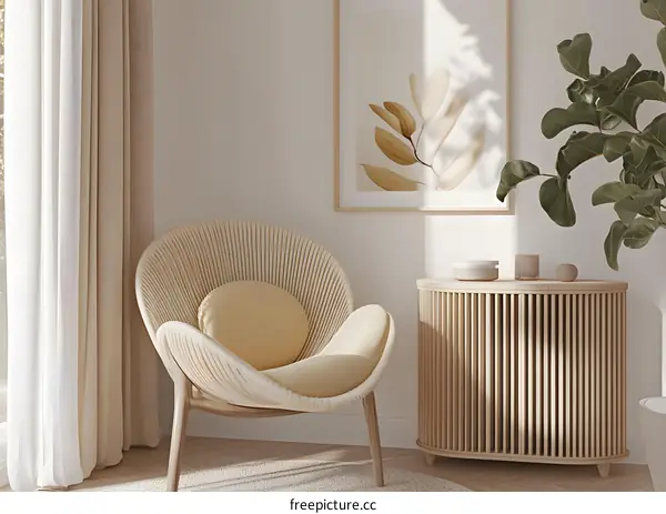 Minimalist Living Room Interior Design With A Wicker Chair And Wooden Cabinet