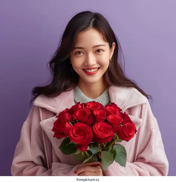 Smiling Asian Woman Holding a Bouquet of Red Roses