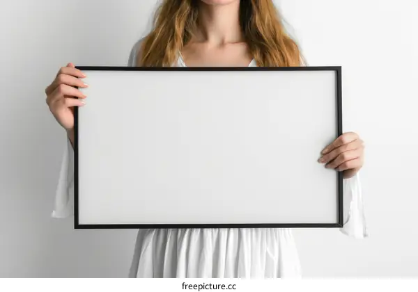 woman in white dress holding blank frame
