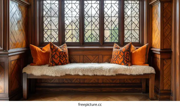 Elegant Wooden Bay Window Seat with Orange Cushions
