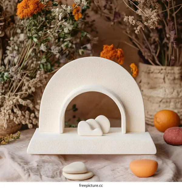 Minimalist Ceramic Sculpture with Abstract Shapes and Dried Flowers