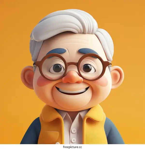 3D rendering of a cute old man with glasses