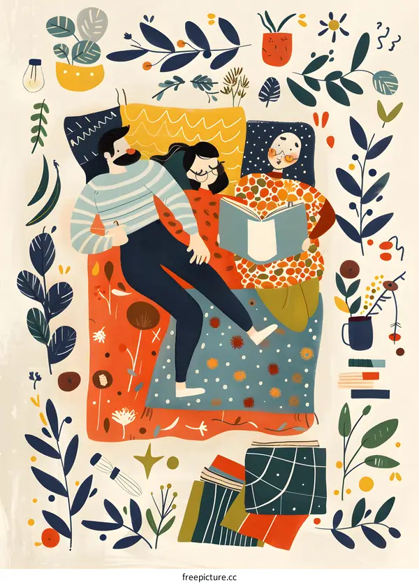 Three Friends Relaxing Together on a Colorful Rug with Plants and Flowers
