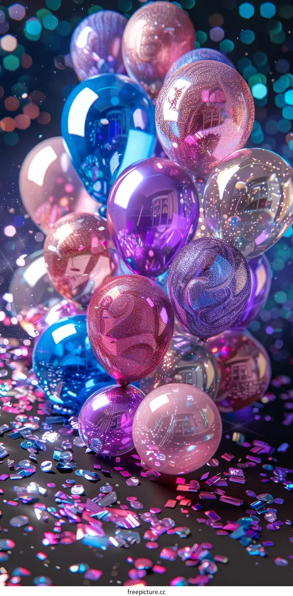 Shiny Blue, Purple, and Pink Balloons with Sparkles and Confetti