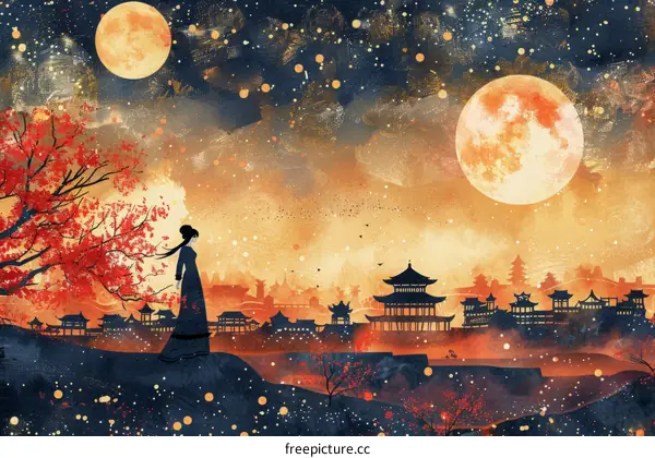 A woman standing on a cliff gazing at the full moon