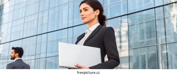 Businesswoman Holding Laptop in Front of Modern Building