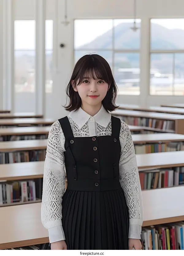 Portrait of a young Japanese woman in a black dress