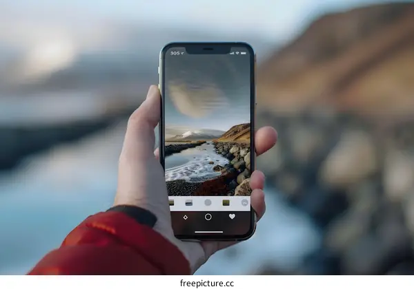 Hand Holding Smartphone With Landscape Photo On Screen