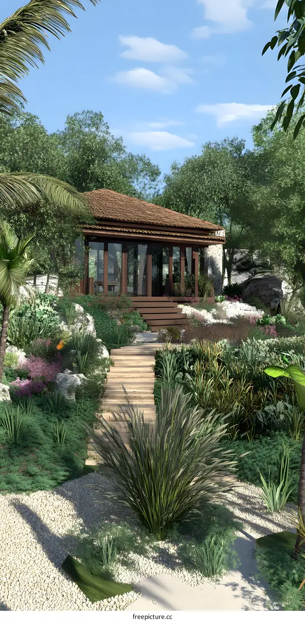 Tropical Garden with Wooden House and Palm Trees