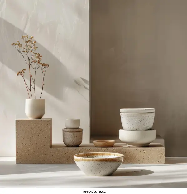 A Still Life of Ceramic Bowls and Dried Flowers