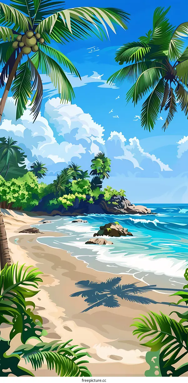 Tropical Beach Scene with Palm Trees and Ocean